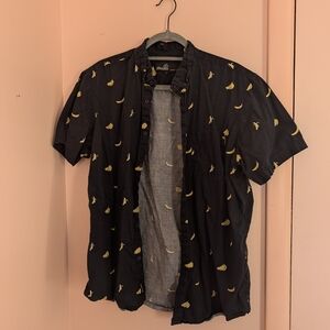Black Short Sleeve Button-Up Shirt with Yellow Banana Print